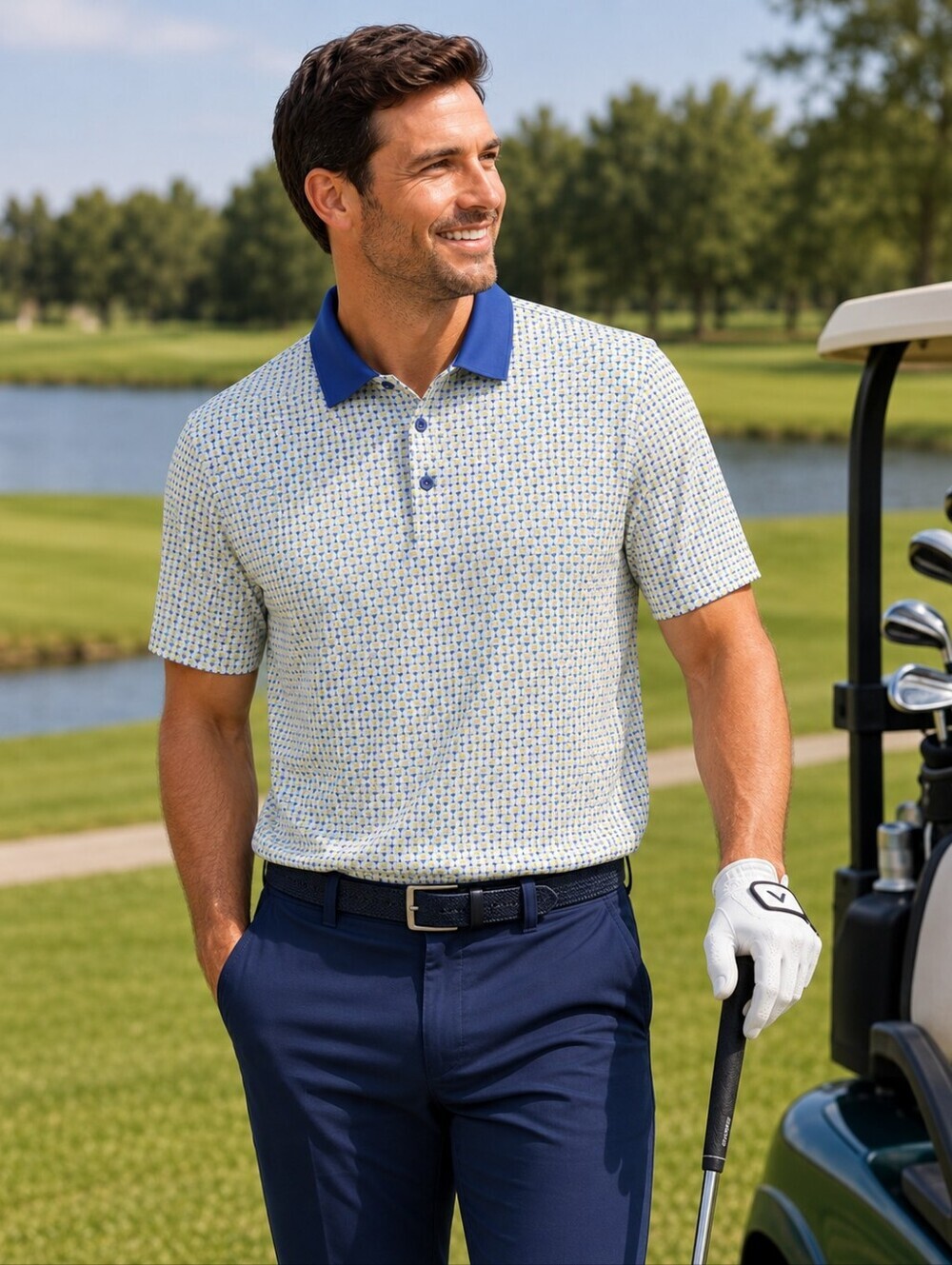Walter Hagen Men's Clubhouse 19th Hole Polo Shirt Small White Lime Golf New